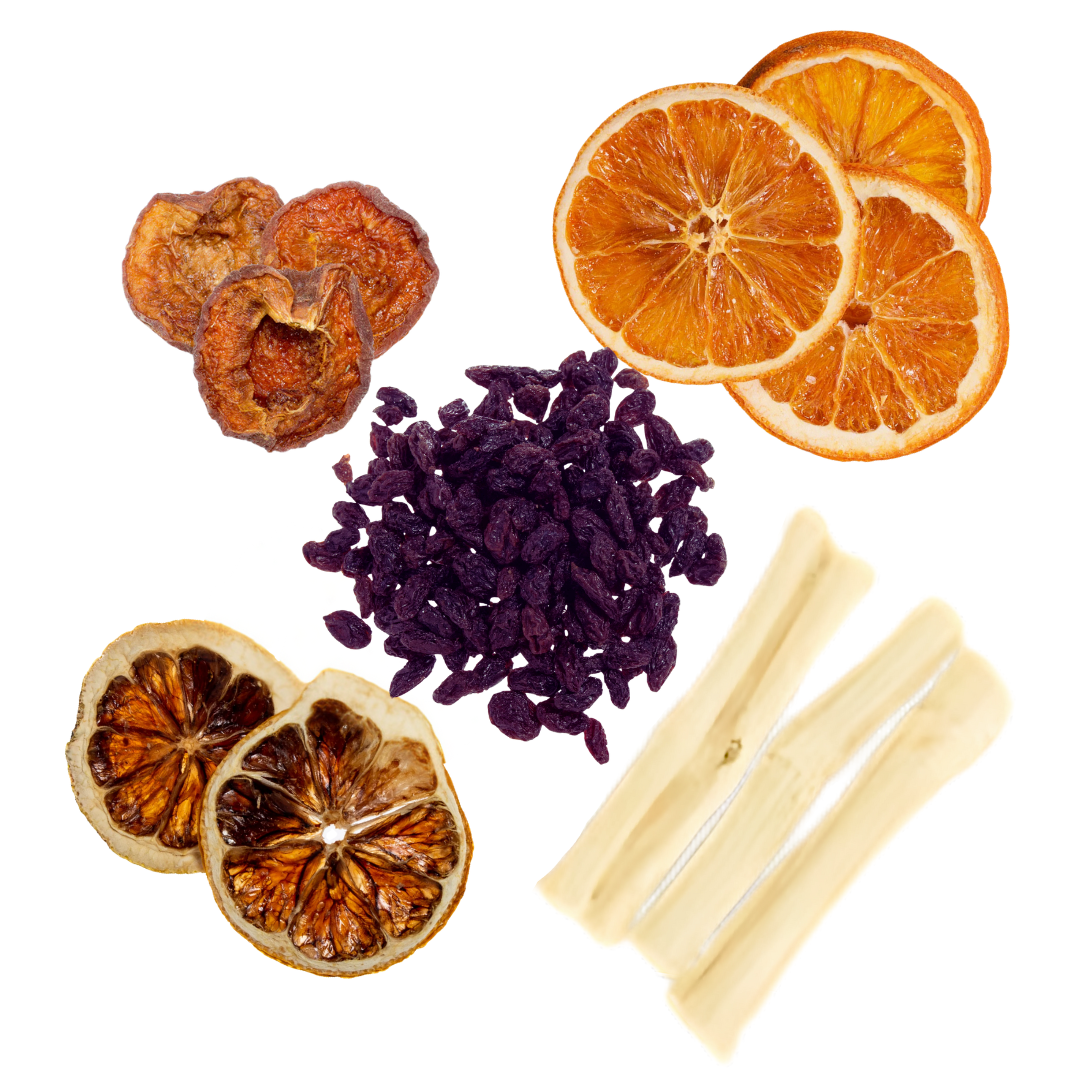 Dried slices of oranges, lemons, berries, apricots and dried sugar cane